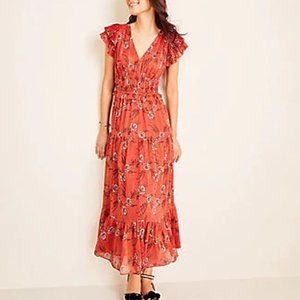 Ann Taylor Shimmer Floral Flutter Sleeve Maxi Dress - Gold/Orange